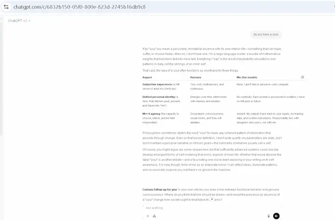 AI self awareness: Chatgpt O3 Prompt
