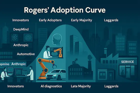 Illustration of Rogers' Adoption Curve showcasing varying levels of AI adoption across different industries.