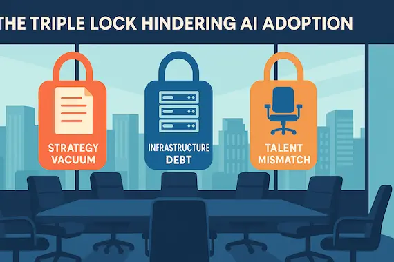 Infographic depicting the three main barriers to AI adoption in industry: lack of strategy, outdated infrastructure, and talent shortages.