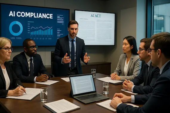 Corporate team in a boardroom discussing AI compliance strategies and legal frameworks.