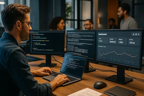 Developer deploying machine learning model in a collaborative workspace, illustrating the practical application phase of AI engineering.