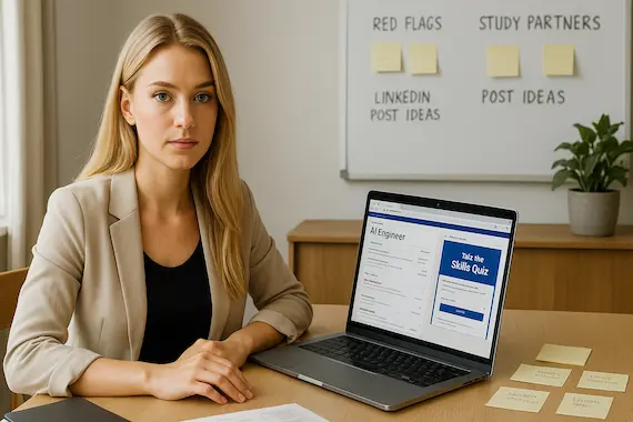 Focused blonde woman assessing AI engineer job listings and prep tasks during roadmap Week 0
