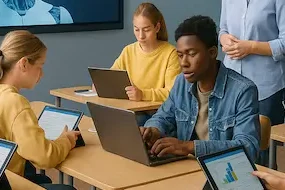 Students in a 2025 classroom using AI tools for personalized learning experiences.