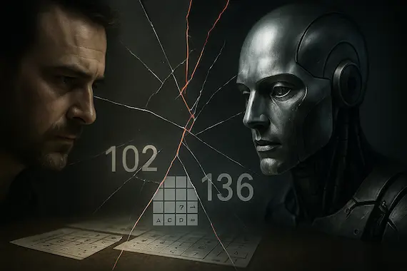 Fractured mirror juxtaposes human and machine, questioning limits of AI IQ test scores.