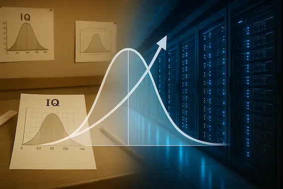 Then-and-now montage traces century-long rise of AI IQ test scores.