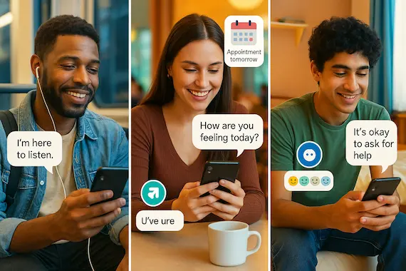 Diverse individuals using AI mental health apps in daily life, showing supportive chatbot messages.