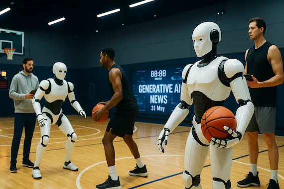 AI-powered robots assisting athletes in a sports training facility, part of Generative AI news trends.