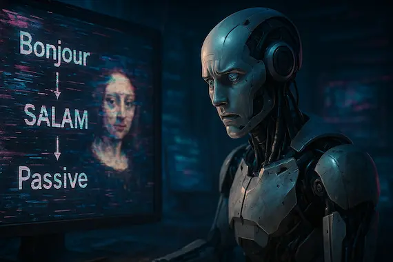 Humanoid robot facing glitchy AI output on screen, illustrating blind spots in self-learning systems.
