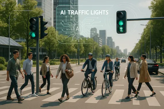 AI for sustainability optimizing traffic lights in a green, modern urban intersection.