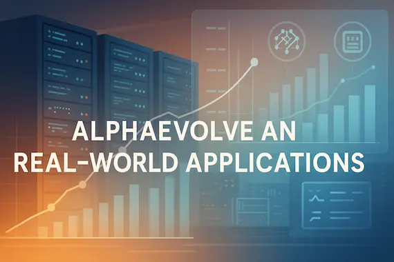 Conceptual image illustrating AlphaEvolve's enhancements in data center efficiency and algorithmic performance across multiple domains.
