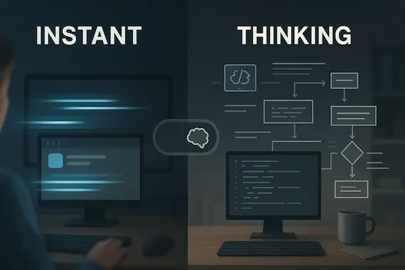 Split-screen visual showing Claude 4’s switch from instant to deep-thinking mode with symbolic interface elements.
