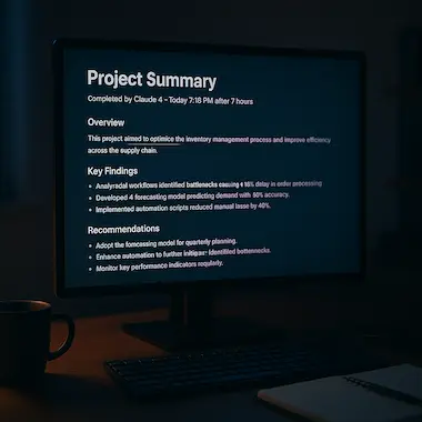 Claude 4's autonomous session completing a detailed project report over seven hours.