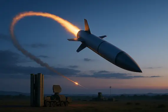 AI-guided CM-400 AKG missile executes evasive maneuver en route to target in AI warfare scenario.