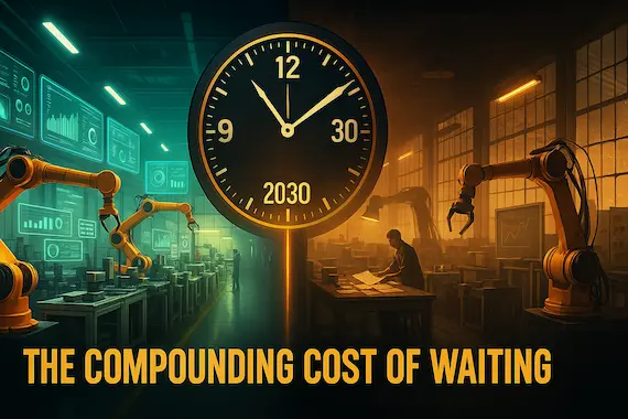 Split image of modern AI-driven factory and outdated manual factory with central clock symbolizing the compounding cost of delayed AI adoption.