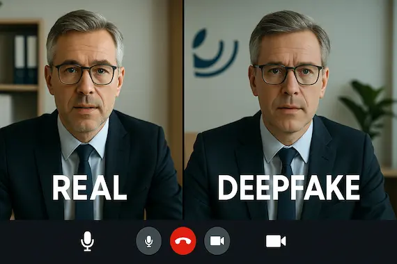 Deepfake video call impersonating a corporate executive, illustrating AI-driven fraud.