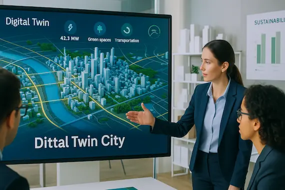 Urban planners using digital twin for AI-powered sustainable city planning.