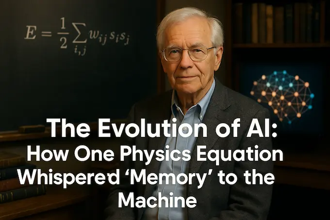 evolution of ai: John Hopfield in academic office with Hopfield network equation on chalkboard