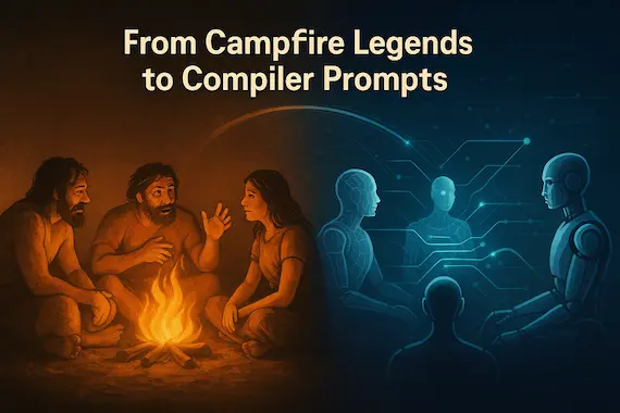 Visual representation of storytelling's evolution from human campfires to AI data exchanges fostering cooperation.