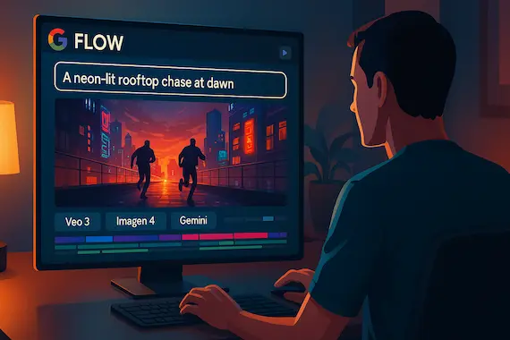 User interacts with Google's Flow AI, generating video content in a modern workspace.