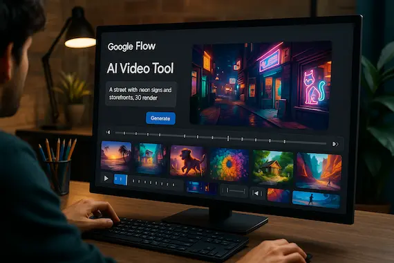 User utilizing Google Flow AI Video Tool to create multimedia content from text prompts.