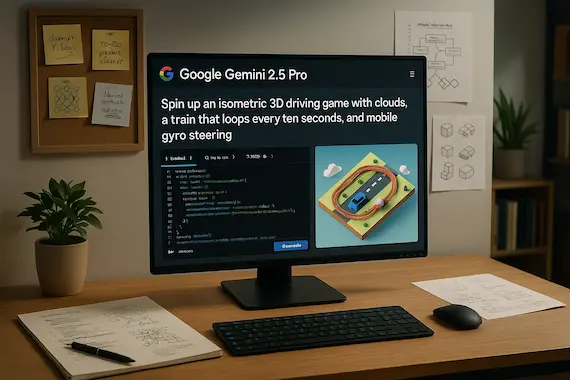 Developer's home office displaying Google Gemini 2.5 Pro generating 3D game code.