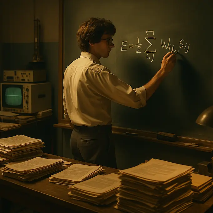 evolution of ai: John Hopfield drafting energy equation in 1980s research lab.