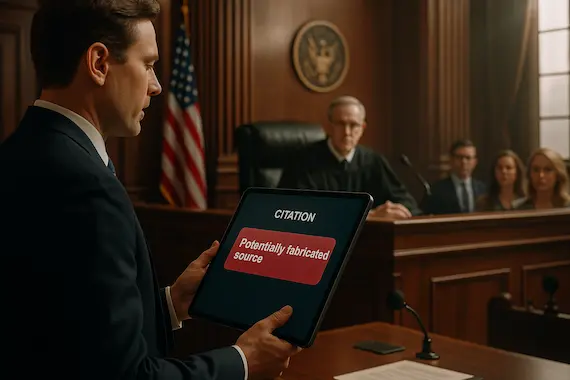 Lawyer uses AI with flagged citation in courtroom, emphasizing LLM hallucinations detection in legal proceedings.