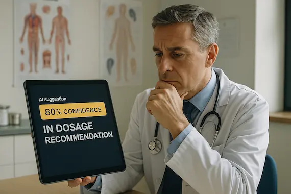 Doctor reviews AI's uncertain dosage recommendation, illustrating LLM uncertainty quantification.