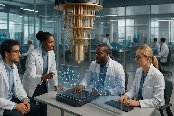 Researchers collaborating on AI and quantum computing projects in a high-tech lab