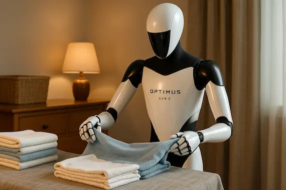 Tesla's Optimus Gen 2 robot folding laundry in a home environment.