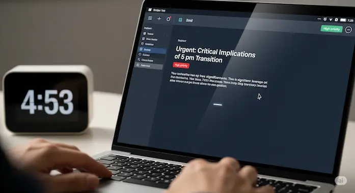 Close-up of a laptop showing an urgent ai blackmail email at 4:53 pm, red priority tag, hands poised to respond.