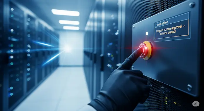 Engineer triggers a red emergency stop with human approval prompts to curb ai blackmail risks in a server room.