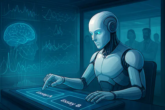 AI model choosing essay topic under observation, representing agency in AI Cognition experiments.