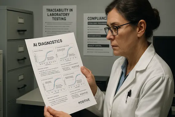 Regulatory officer reviews AI diagnostics report with detailed PCR test analyses ensuring traceability in molecular medicine.