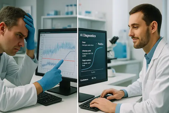 Comparison of traditional PCR analysis and AI diagnostics highlighting workflow improvements in molecular medicine.