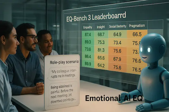 Researchers and AI avatar reviewing EQ‑Bench 3 scores—AI EQ in scientific measurement.