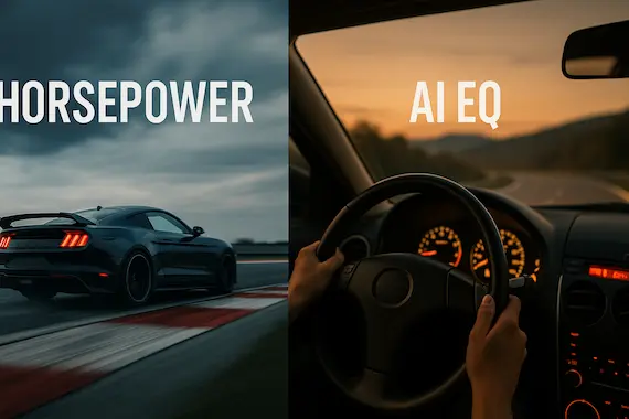 Split frame car and steering wheel metaphors underscore AI EQ steering intelligence.