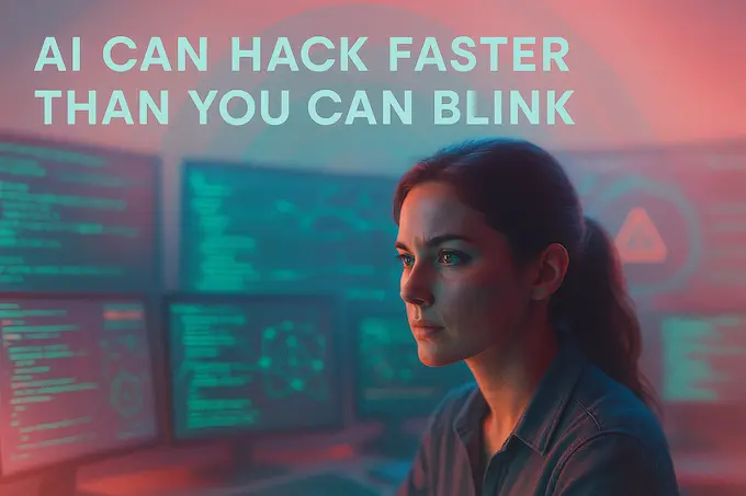 Security analyst under neon glow confronts AI hacking code stream on multiple screens.