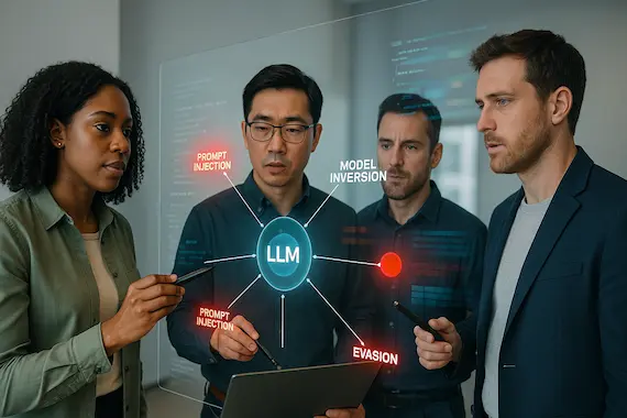 Cyber team maps AI hacking threat model on smart board with LLM attack vectors.