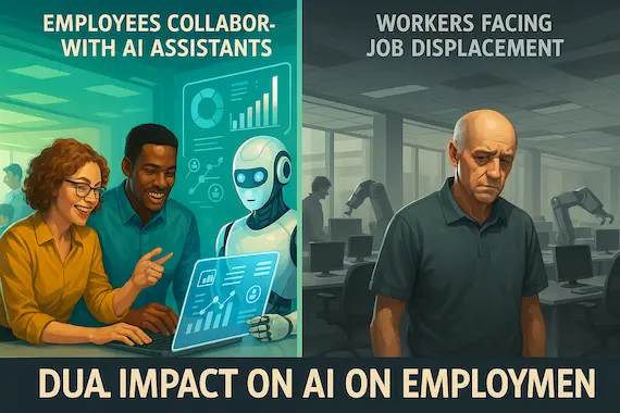 Contrasting workplaces showing AI-enhanced collaboration and job displacement, reflecting AI's complex impact on employment.