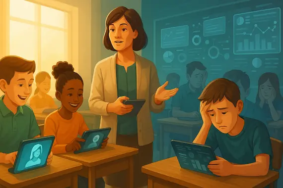 Teacher balancing traditional methods and AI tools in a classroom, highlighting the positive and negative impacts of AI on education.