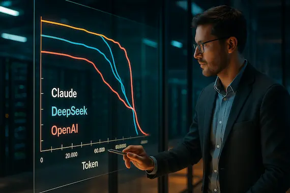 Graph of Claude, DeepSeek, and OpenAI models plunging off a performance cliff highlights shared AI Limitations.