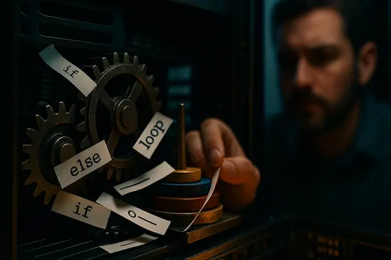 Code-labeled gears jam inside a server, metaphorically showing AI Limitations that cause reasoning engines to stall.