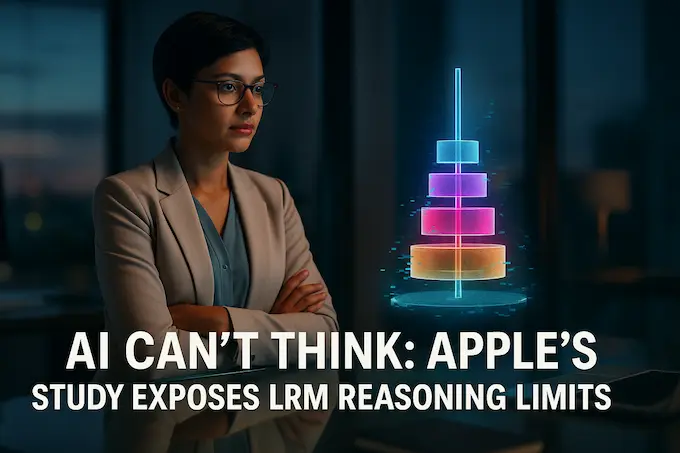 Researcher reflects on Tower of Hanoi hologram that visually represents AI Limitations in complex reasoning.