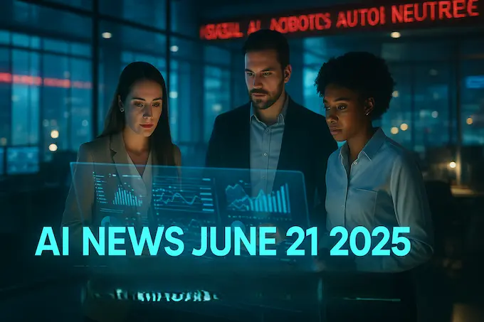 Visionary team scans holographic headlines capturing AI news June 21 2025 inside a vibrant, modern newsroom.