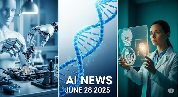 Cinematic collage of robots, DNA and MRI reflecting AI news June 28 2025 breakthroughs.