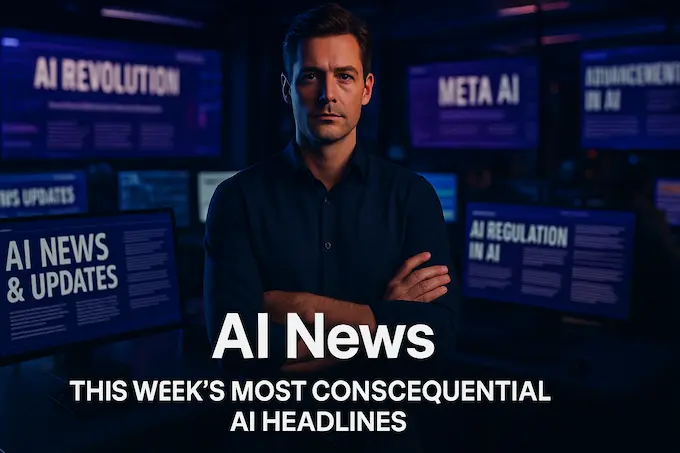 Calm journalist amid swirling AI headlines on glowing screens in a midnight newsroom.