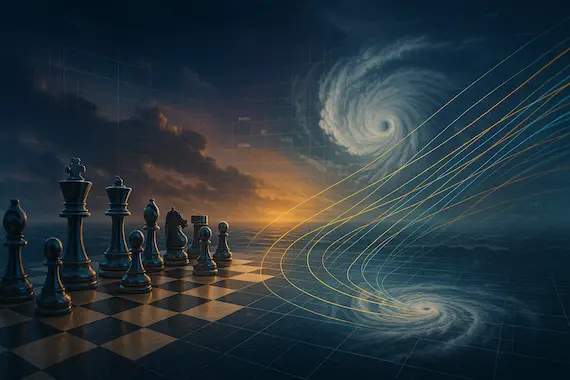Chessboard merging with atmospheric grid and branching storm tracks illustrating AI hurricane prediction.
