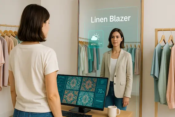 Shopper at AR mirror gets linen blazer suggestion from live weather data—AI in textile industry powers personalized fit