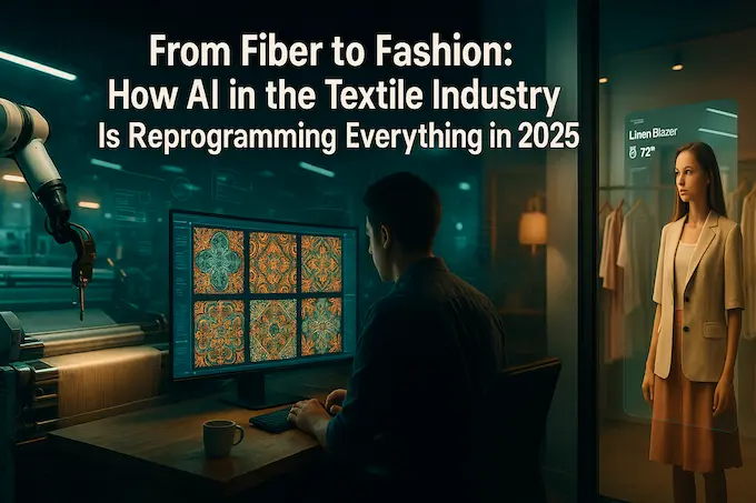 Collage showing AI in textile industry—from smart looms to AR shopping—data overlays on vivid fabrics, photoreal